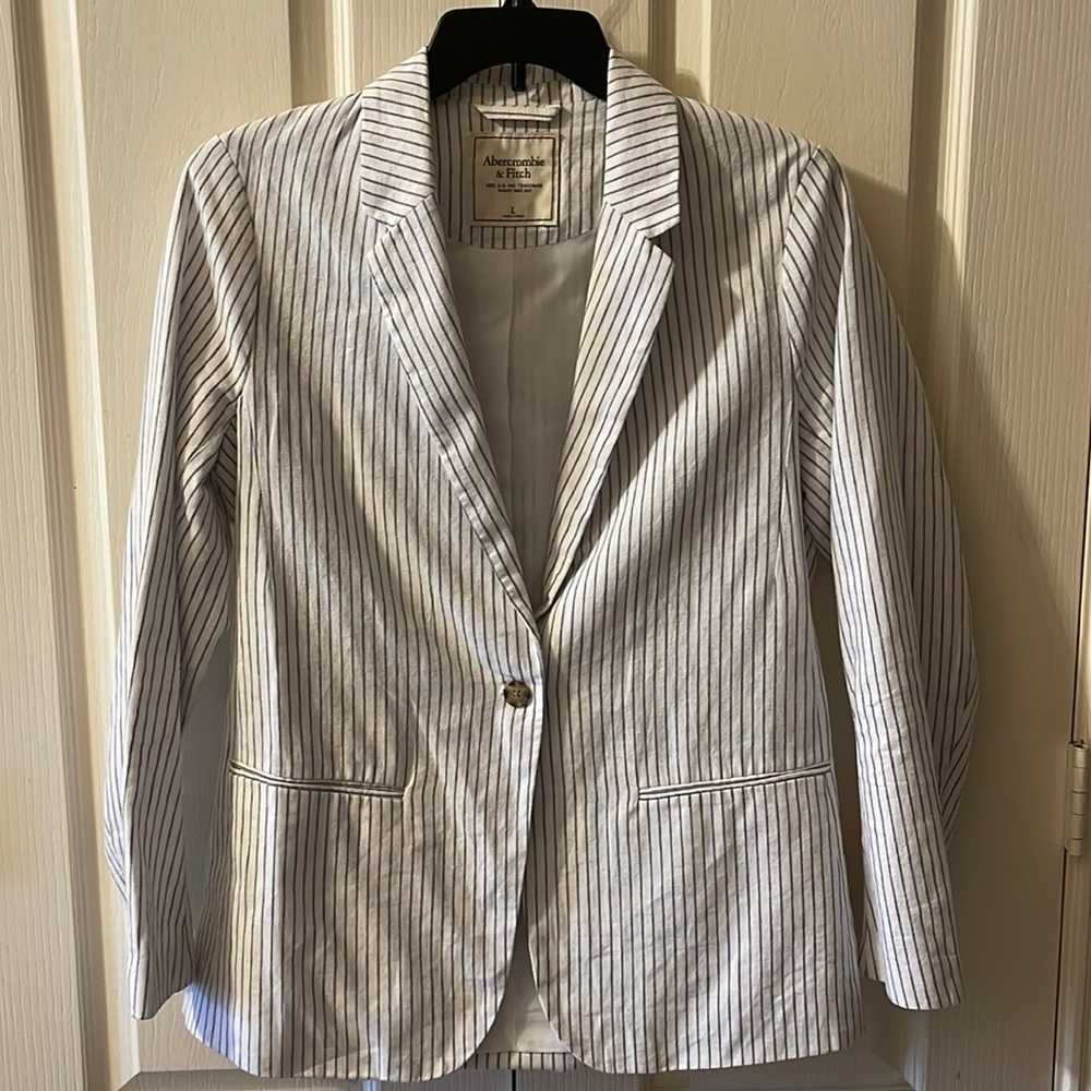 ABERCROMBIE linen blend blazer jacket L with blue stripes